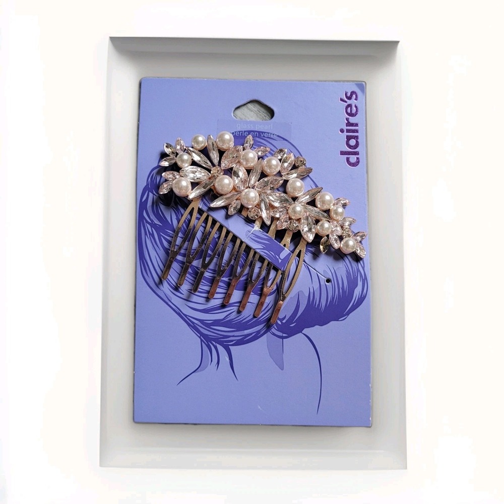 Claire's Bronze Gold Tone Pearl Rhinestone Hair Comb Feminine‎ Wedding Bling